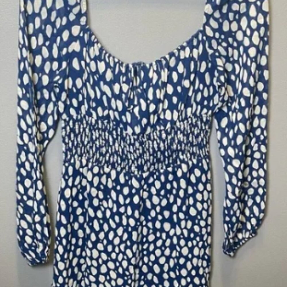 Reformation Women's Rue Mini Dress Blue/White Splatter Polka Dot Size 10